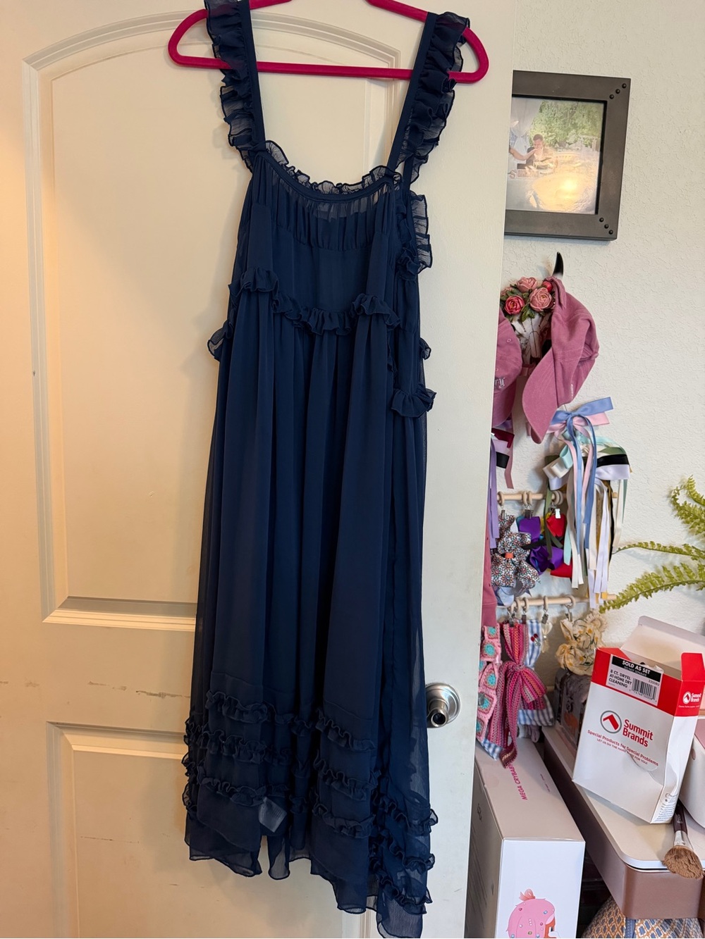 Navy Ruffle Sheer Dress - Picture 3 of 5